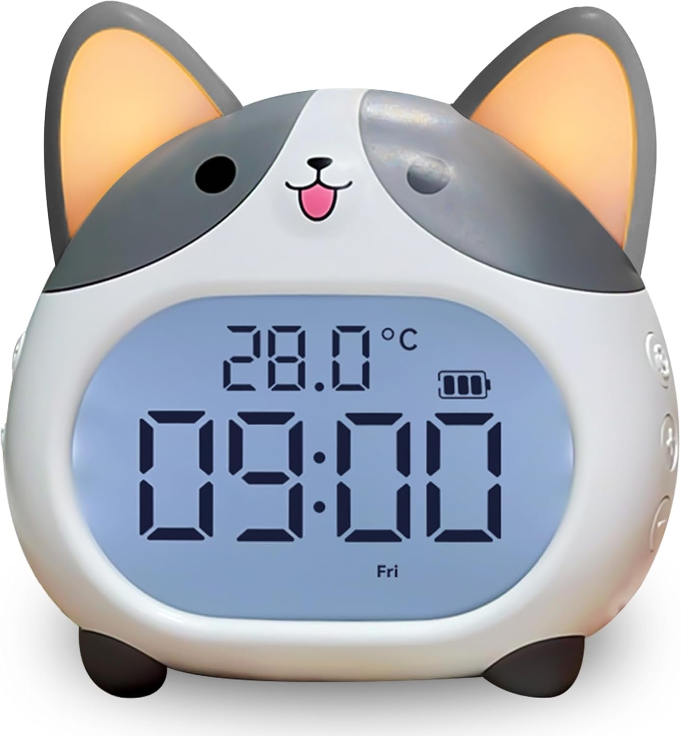 Alarm Clocks for Kids - Cute Dog Clock with Night Light, 6 Alarm Tones, Snooze, Timer, Date and Temperature Display - Rechargeable Battery Operated Digital Clocks for Bedroom Kids Room