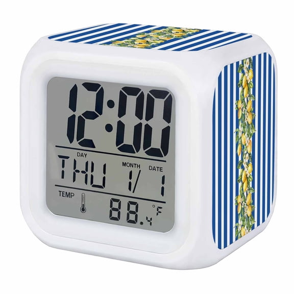 Alarm Clocks Lemon Blue Stripes Digital Clock 7 Color LED Night Light Silent Non-Ticking Battery Operated Floral Fruit Leaves Cube Clocks Decorative for Bedroom Bedside Living Room Office School