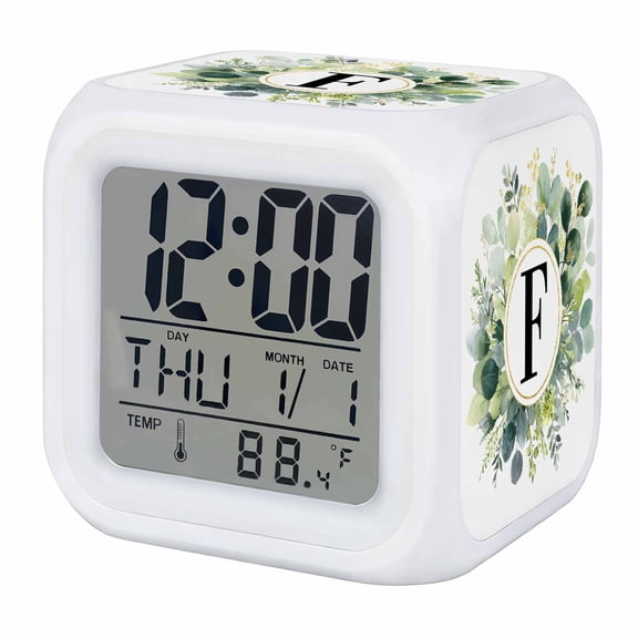 Alarm Clocks Letter F Digital Clock 7 Color LED Night Light Silent Non-Ticking Battery Operated Alphabet Green Eucalyptus Leaves Cube Clocks Decorative for Bedroom Bedside Living Room Office School