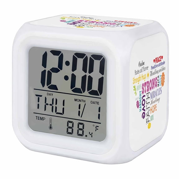 Alarm Clocks Love Peace Text Digital Clock 7 Color LED Night Light Silent Non-Ticking Battery Operated Warm Embraces Positive Energy Cube Clocks for Bedroom Bedside Living Room Office School