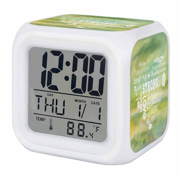 Alarm Clocks Love Text Digital Clock 7 Color LED Night Light Silent Non-Ticking Battery Operated Warm Embraces Positive Energy Green Cube Clocks for Bedroom Bedside Living Room Office School