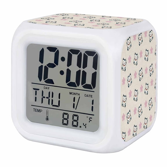 Alarm Clocks Lucky Cat Digital Clock 7 Color LED Night Light Silent Non-Ticking Battery Operated Cherry Blossoms Japanese Style Linen Cube Clocks for Bedroom Bedside Living Room Office School