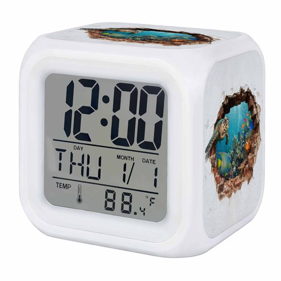 Alarm Clocks Marine Life Digital Clock 7 Color LED Night Light Silent Non-Ticking Battery Operated Broken Wall Tropical Fish Turtle Cube Clocks for Bedroom Bedside Living Room Office School Decor