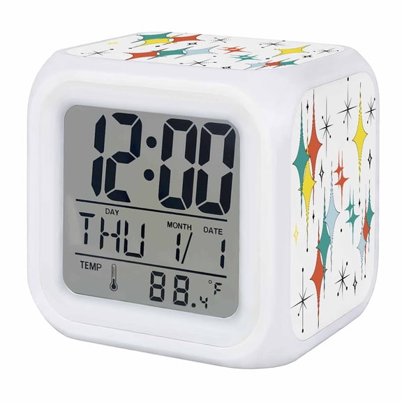Alarm Clocks Mid Century Geometric Digital Clock 7 Color LED Night Light Silent Non-Ticking Battery Operated Modern Teal Orange Yellow Cube Clocks for Bedroom Bedside Living Room Office School