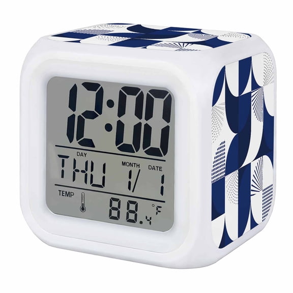 Alarm Clocks Modern Blue Geometric Digital Clock 7 Color LED Night Light Silent Non-Ticking Battery Operated Blue Abstract Mid Century Cube Clocks for Bedroom Bedside Living Room Office School