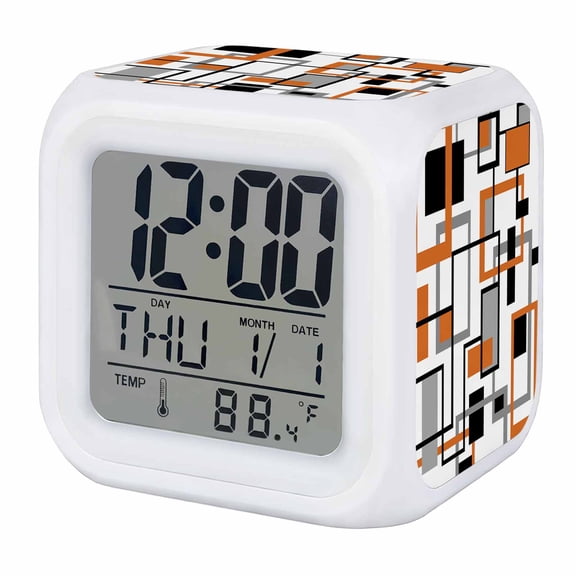 Alarm Clocks Modern Geometric Abstract Digital Clock 7 Color LED Night Light Silent Non-Ticking Battery Operated Mid Century Orange Cube Clocks for Bedroom Bedside Living Room Office School