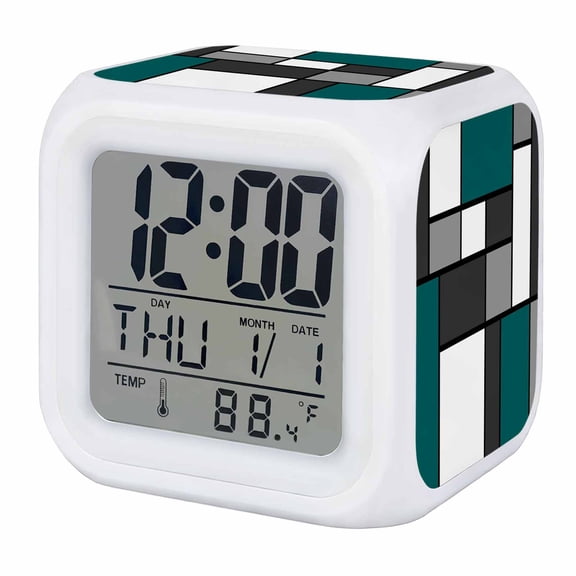 Alarm Clocks Modern Geometric Splicing Digital Clock 7 Color LED Night Light Silent Non-Ticking Battery Operated Abstract Green Blocks Cube Clocks for Bedroom Bedside Living Room Office School