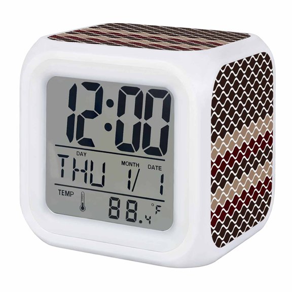 Alarm Clocks Moroccan Ombre Brown Digital Clock 7 Color LED Night Light Silent Non-Ticking Battery Operated Abstract Wave Lines Cube Clocks Decorative for Bedroom Bedside Living Room Office School