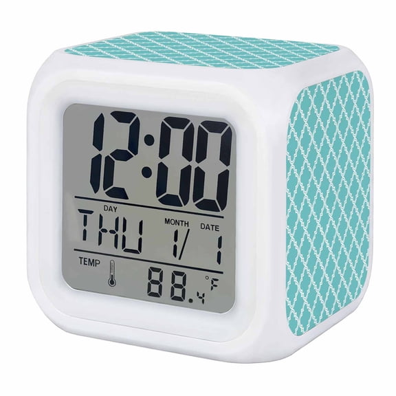 Alarm Clocks Moroccan Pattern Digital Clock 7 Color LED Night Light Silent Non-Ticking Battery Operated Geometric Trellis Cyan Blue Cube Clocks for Bedroom Bedside Living Room Office School