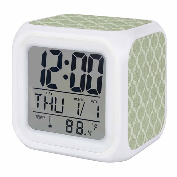 Alarm Clocks Moroccan Texture Digital Clock 7 Color LED Night Light Silent Non-Ticking Battery Operated Vintage Green Linen Cube Clocks Decorative for Bedroom Bedside Living Room Office School Decor