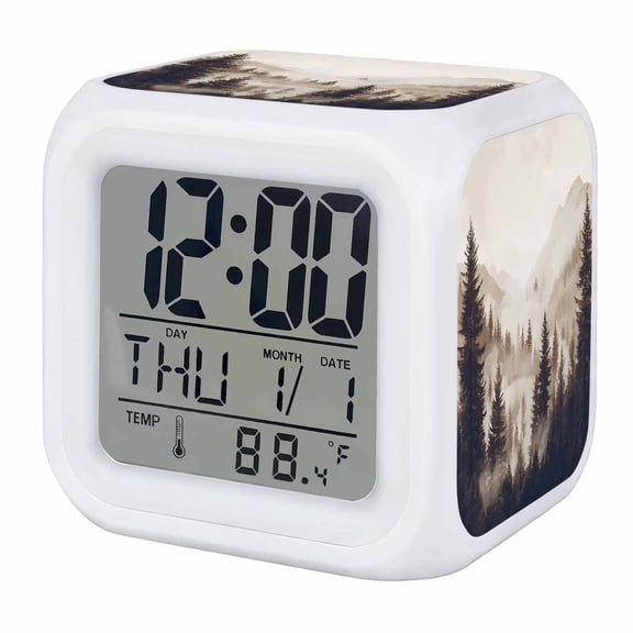 Alarm Clocks Mountain Forest Digital Clock 7 Color LED Night Light Silent Non-Ticking Battery Operated Tree Nature Woods Cube Clocks Decorative for Bedroom Bedside Living Room Office School Decor