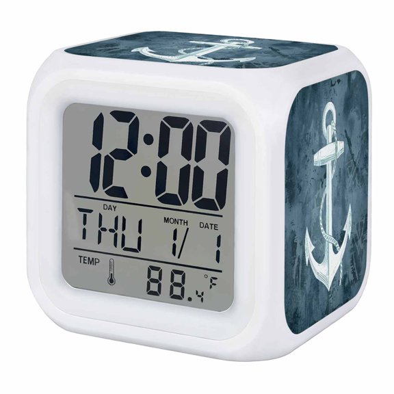Alarm Clocks Nautical Anchor Digital Clock 7 Color LED Night Light Silent Non-Ticking Battery Operated Rustic Blue Coastal Cube Clocks Decorative for Bedroom Bedside Living Room Office School Decor