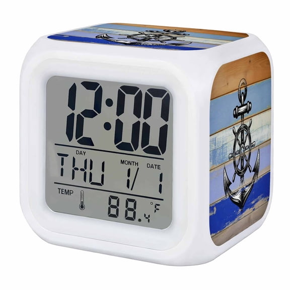 Alarm Clocks Nautical Anchorr Digital Clock 7 Color LED Night Light Silent Non-Ticking Battery Operated Rustic Blue Wood Adventurous Spirit Cube Clocks for Bedroom Bedside Living Room Office School