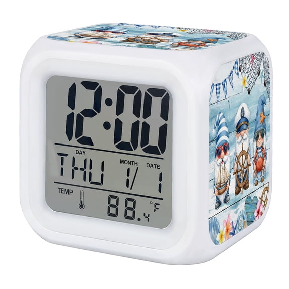 Alarm Clocks Nautical Gnomes Digital Clock 7 Color LED Night Light Silent Non-Ticking Battery Operated Ocean Crab Ship Rudder Cube Clocks for Bedroom Bedside Living Room Office School Decor