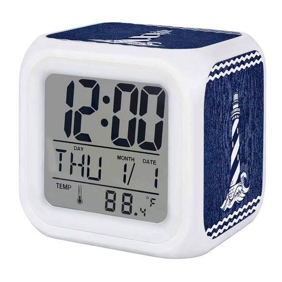 Alarm Clocks Nautical S Lighthouse Digital Clock 7 Color LED Night Light Silent Non-Ticking Battery Operated Coastal Denim Blue Stripes Cube Clocks for Bedroom Bedside Living Room Office Decor