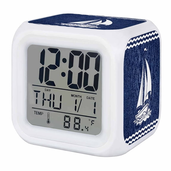 Alarm Clocks Nautical Sailing Boat Digital Clock 7 Color LED Night Light Silent Non-Ticking Battery Operated Coastal Denim Blue Stripes Cube Clocks for Bedroom Bedside Living Room Office Decor