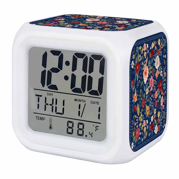 Alarm Clocks Navy Blue Floral Digital Clock 7 Color LED Night Light Silent Non-Ticking Battery Operated Farmhouse Vintage Flower Cube Clocks Decorative for Bedroom Bedside Living Room Office School