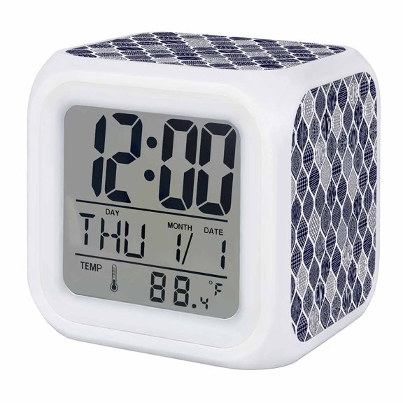 Alarm Clocks Navy Blue Geometric Digital Clock 7 Color LED Night Light Silent Non-Ticking Battery Operated Abstract Moroccan Texture Cube Clocks for Bedroom Bedside Living Room Office School