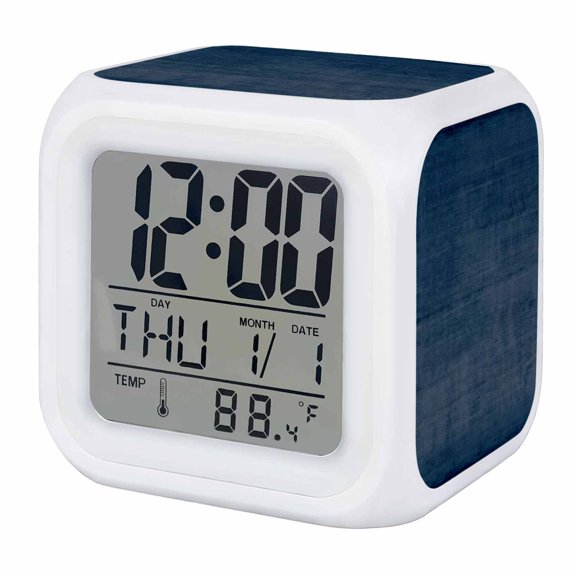 Alarm Clocks Navy Blue Linen Digital Clock 7 Color LED Night Light Silent Non-Ticking Battery Operated Solid Color Texture Cube Clocks Decorative for Bedroom Bedside Living Room Office School Decor