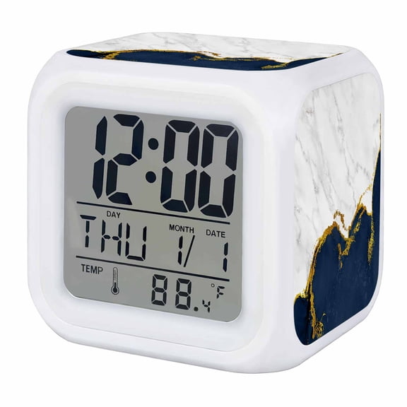 Alarm Clocks Navy Blue Marble Digital Clock 7 Color LED Night Light Silent Non-Ticking Battery Operated White Modern Abstract Art Luxury Cube Clocks for Bedroom Bedside Living Room Office School