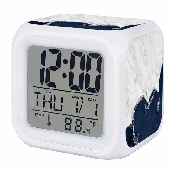 Alarm Clocks Navy Blue Marble Digital Clock 7 Color LED Night Light Silent Non-Ticking Battery Operated White Modern Abstract Art Luxury Fluid Cube Clocks for Bedroom Bedside Living Room Office