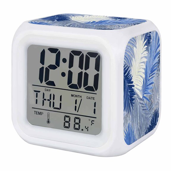 Alarm Clocks Navy Blue Palm Leaves Digital Clock 7 Color LED Night Light Silent Non-Ticking Battery Operated Tropical Leaf Plant Cube Clocks for Bedroom Bedside Living Room Office School Decor