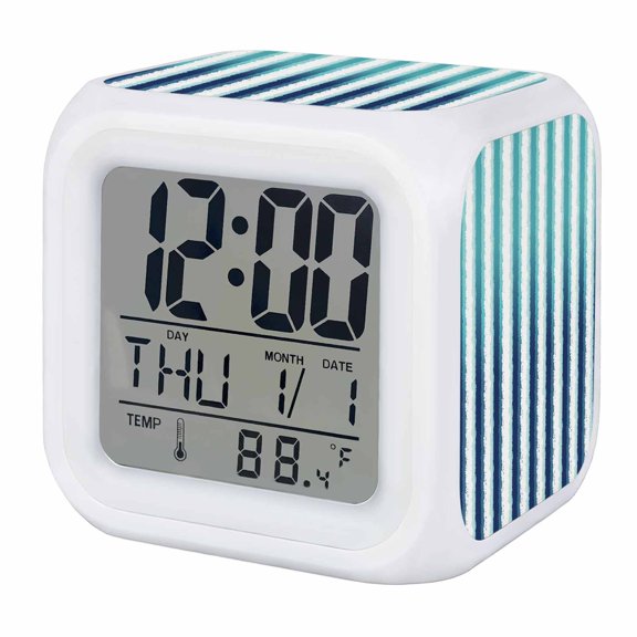 Alarm Clocks Navy Blue Stripes Digital Clock 7 Color LED Night Light Silent Non-Ticking Battery Operated Graffiti Striped Lines Cube Clocks for Bedroom Bedside Living Room Office School Decor
