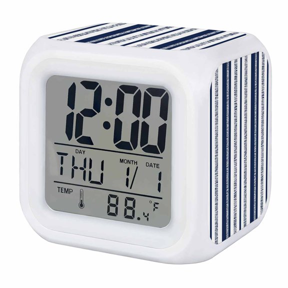 Alarm Clocks Navy Blue Vertical Stripes Digital Clock 7 Color LED Night Light Silent Non-Ticking Battery Operated Mixed Width Striped Cube Clocks for Bedroom Bedside Living Room Office School Decor