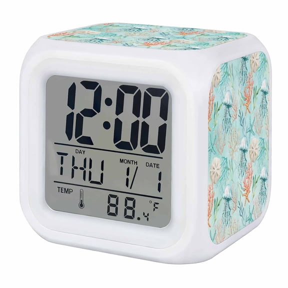 Alarm Clocks Ocean Jellyfish Digital Clock 7 Color LED Night Light Silent Non-Ticking Battery Operated Teal Green Starfish Coral Marine Life Cube Clocks for Bedroom Bedside Living Room Office School