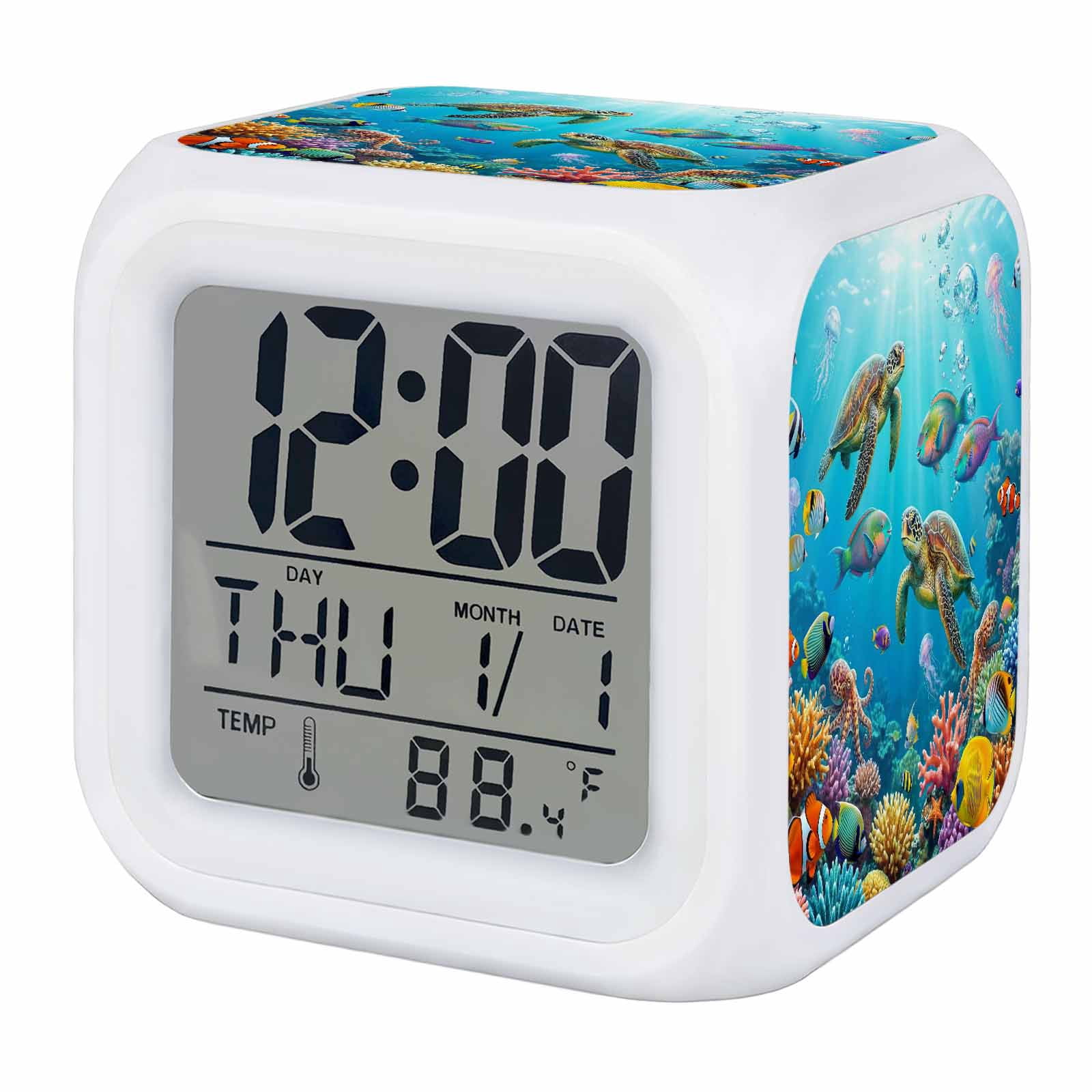 Alarm Clocks Ocean Seafloor Digital Clock 7 Color LED Night Light Silent Non-Ticking Battery Operated Jellyfish Fish Coral Cube Clocks Decorative for Bedroom Bedside Living Room Office School Decor