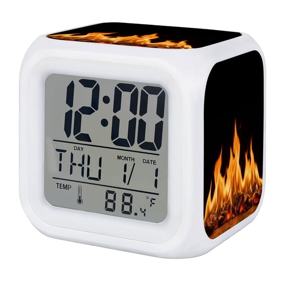 Alarm Clocks Orange Flames Digital Clock 7 Color LED Night Light Silent Non-Ticking Battery Operated Burning Embers Ethereal Fire Cube Clocks for Bedroom Bedside Living Room Office School Decor
