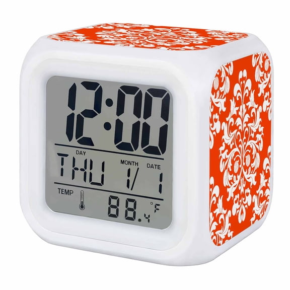 Alarm Clocks Orange Flower Digital Clock 7 Color LED Night Light Silent Non-Ticking Battery Operated Classical Luxury Abstract Art Cube Clocks for Bedroom Bedside Living Room Office School