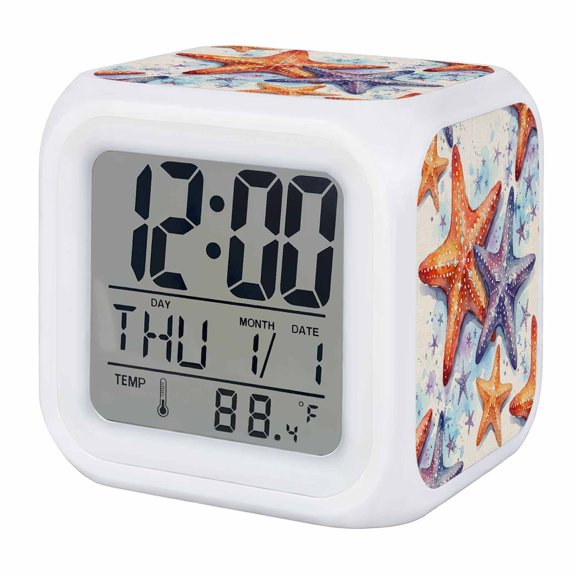 Alarm Clocks Orange Purple Starfish Digital Clock 7 Color LED Night Light Silent Non-Ticking Battery Operated Coastal Ocean Coral Cube Clocks for Bedroom Bedside Living Room Office School Decor