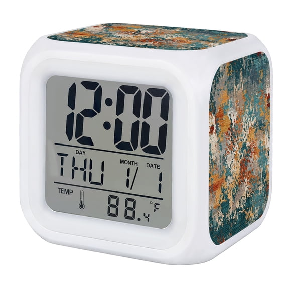Alarm Clocks Orange Teal Painting Digital Clock 7 Color LED Night Light Silent Non-Ticking Battery Operated Modern Abstract Art Graffiti Cube Clocks for Bedroom Bedside Living Room Office Decor