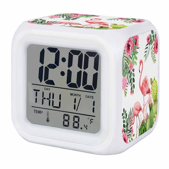 Alarm Clocks Pink Floral Flamingos Digital Clock 7 Color LED Night Light Silent Non-Ticking Battery Operated Summer Tropical Cactus Cube Clocks for Bedroom Bedside Living Room Office School