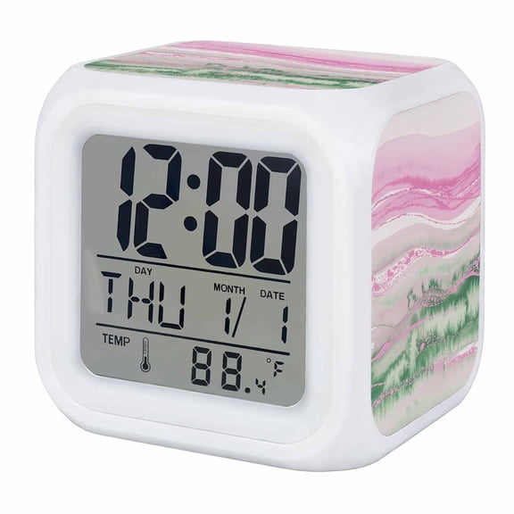 Alarm Clocks Pink Green Marble Digital Clock 7 Color LED Night Light Silent Non-Ticking Battery Operated Abstract Fluid Cube Clocks Decorative for Bedroom Bedside Living Room Office School Decor