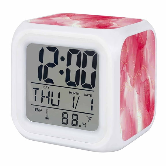 Alarm Clocks Pink Marble Digital Clock 7 Color LED Night Light Silent Non-Ticking Battery Operated Abstract Geometric Modern Ombre Cube Clocks for Bedroom Bedside Living Room Office School