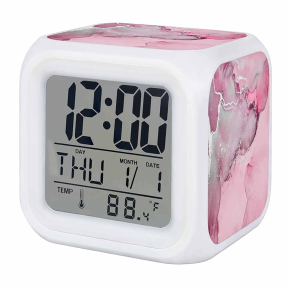 Alarm Clocks Pink Marble Digital Clock 7 Color LED Night Light Silent Non-Ticking Battery Operated Abstract Waves Cloud Cube Clocks Decorative for Bedroom Bedside Living Room Office School Decor