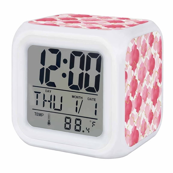 Alarm Clocks Pink Moroccan Digital Clock 7 Color LED Night Light Silent Non-Ticking Battery Operated Gradient Modern Geometric Cube Clocks Decorative for Bedroom Bedside Living Room Office School