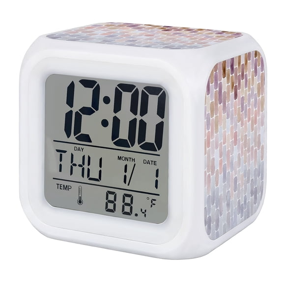 Alarm Clocks Pink Mosaic Tiles Digital Clock 7 Color LED Night Light Silent Non-Ticking Battery Operated Abstract Gradient Block Cube Clocks for Bedroom Bedside Living Room Office School Decor