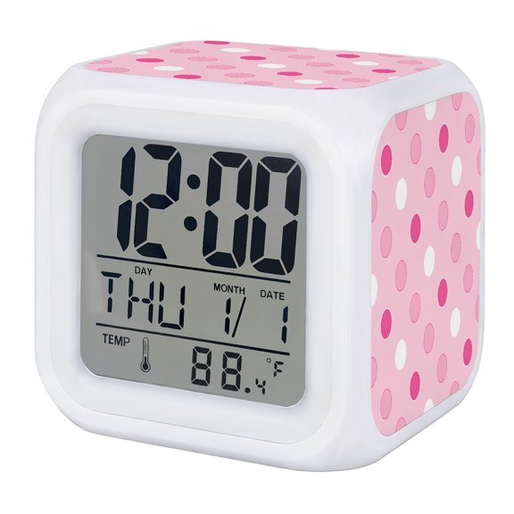 Alarm Clocks Pink Polka Dots Digital Clock 7 Color LED Night Light Silent Non-Ticking Battery Operated Funny Circles Spots Cube Clocks Decorative for Bedroom Bedside Living Room Office School Decor