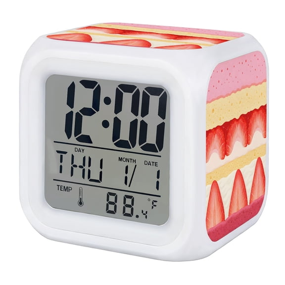 Alarm Clocks Pink Strawberry Cake Digital Clock 7 Color LED Night Light Silent Non-Ticking Battery Operated Delicious Cream Dessert Cube Clocks for Bedroom Bedside Living Room Office School Decor