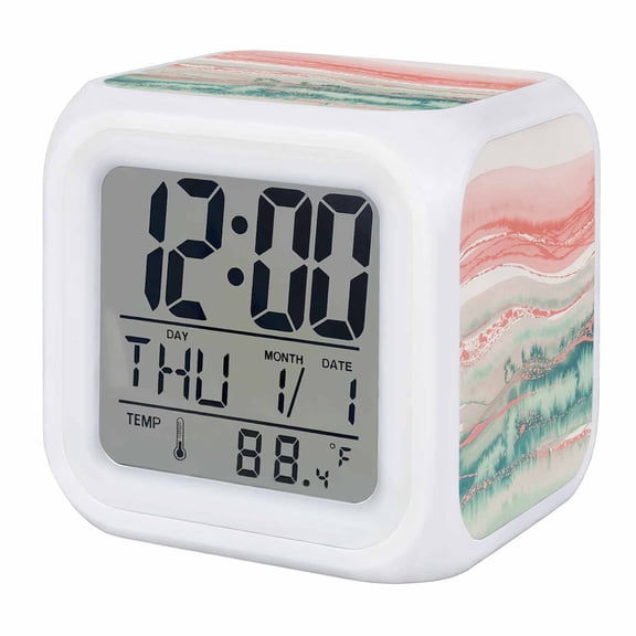 Alarm Clocks Pink Teal Marble Digital Clock 7 Color LED Night Light Silent Non-Ticking Battery Operated Abstract Fluid Cube Clocks Decorative for Bedroom Bedside Living Room Office School Decor