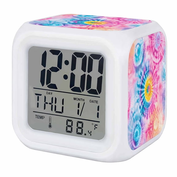Alarm Clocks Pink Tie-Dye Art Digital Clock 7 Color LED Night Light Silent Non-Ticking Battery Operated Abstract Boho Dyeing Cube Clocks Decorative for Bedroom Bedside Living Room Office School