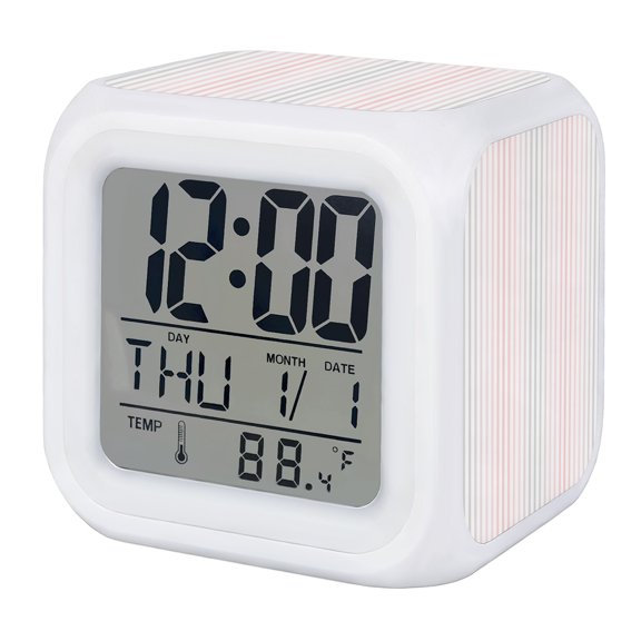 Alarm Clocks Pink Vertical Stripes Digital Clock 7 Color LED Night Light Silent Non-Ticking Battery Operated Ombre Pinstripes Parallel Lines Cube Clocks for Bedroom Bedside Living Room Office Decor