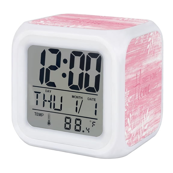 Alarm Clocks Pink Wood Grain Digital Clock 7 Color LED Night Light Silent Non-Ticking Battery Operated Leaves Home Sweet Home Cube Clocks for Bedroom Bedside Living Room Office School Decor