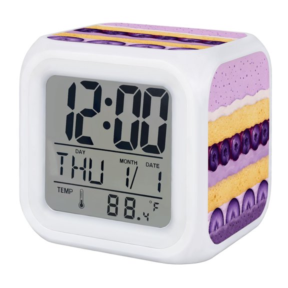 Alarm Clocks Purple Blueberry Cake Digital Clock 7 Color LED Night Light Silent Non-Ticking Battery Operated Delicious Cream Dessert Cube Clocks for Bedroom Bedside Living Room Office School Decor