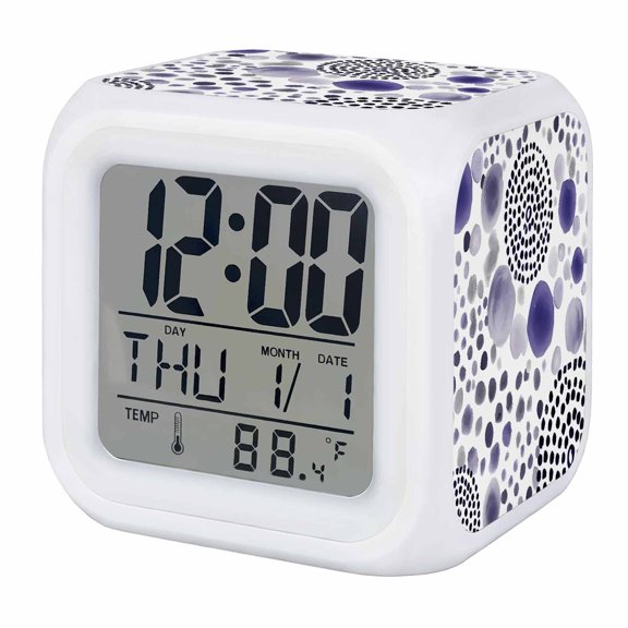 Alarm Clocks Purple Bubble Dots Digital Clock 7 Color LED Night Light Silent Non-Ticking Battery Operated Modern Abstract Art Ink Cube Clocks for Bedroom Bedside Living Room Office School Decor
