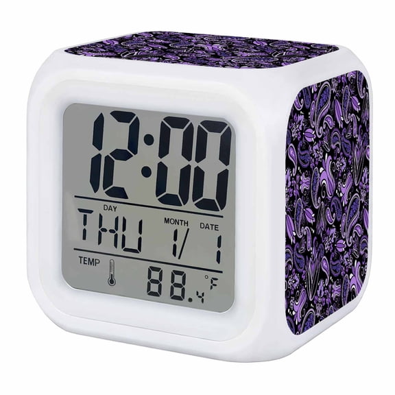 Alarm Clocks Purple Flower Digital Clock 7 Color LED Night Light Silent Non-Ticking Battery Operated Abstract Retro Floral Cube Clocks Decorative for Bedroom Bedside Living Room Office School Decor