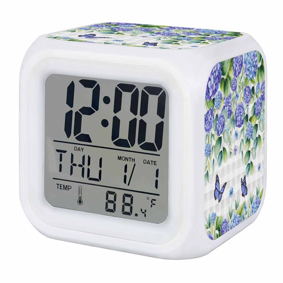 Alarm Clocks Purple Hydrangea Digital Clock 7 Color LED Night Light Silent Non-Ticking Battery Operated Butterfly Eucalyptus Leaves Plaid Cube Clocks for Bedroom Bedside Living Room Office School